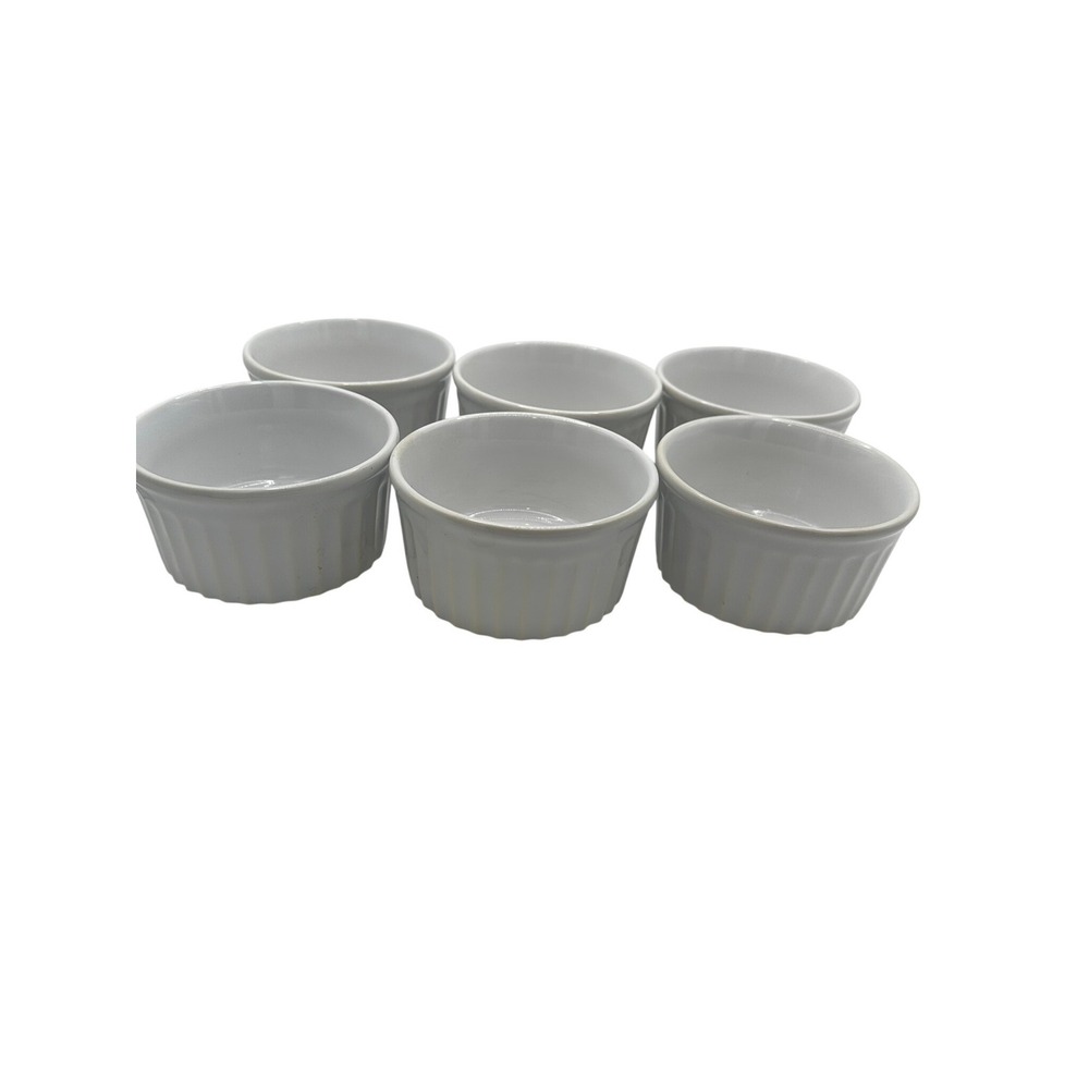 Set of 6 White Ceramic Ramekins Fluted Souffle Dishes 3.5" Round Dipping Bowls